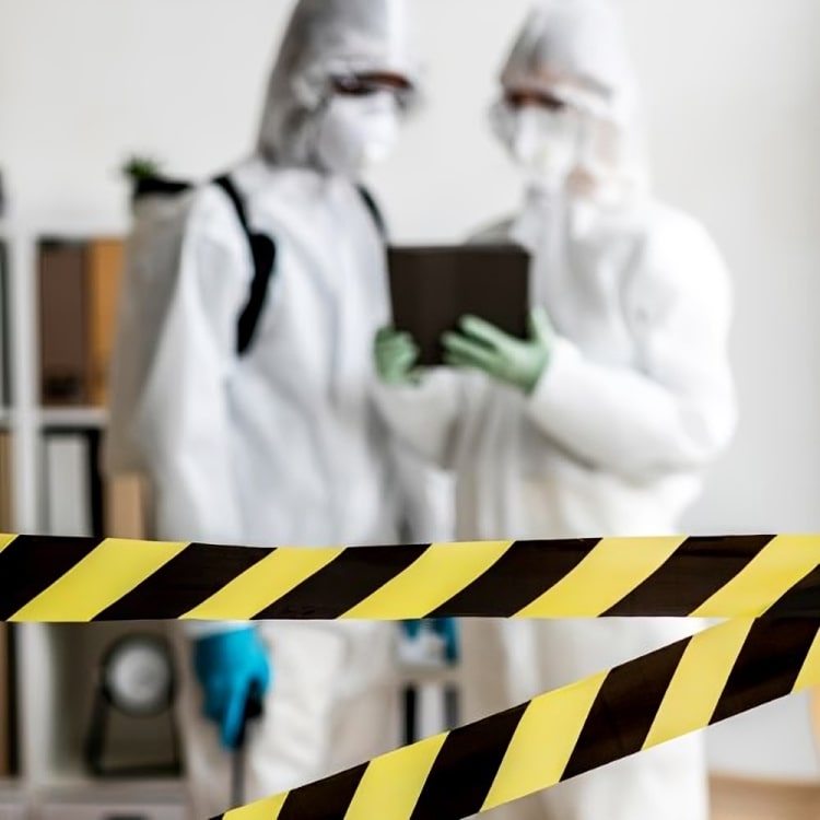 People in white protective suits behind yellow and black tape looking at a small screen.