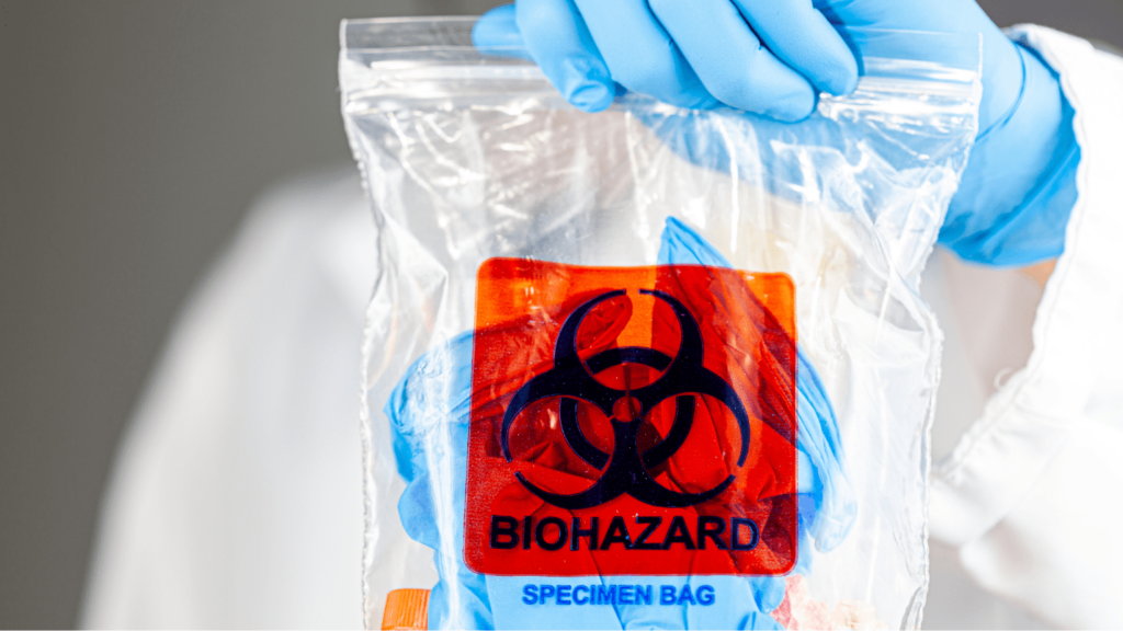 Someone wearing personal protective equipment holds a biohazard bag.