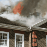 A home with smoke and fire coming from the roof.