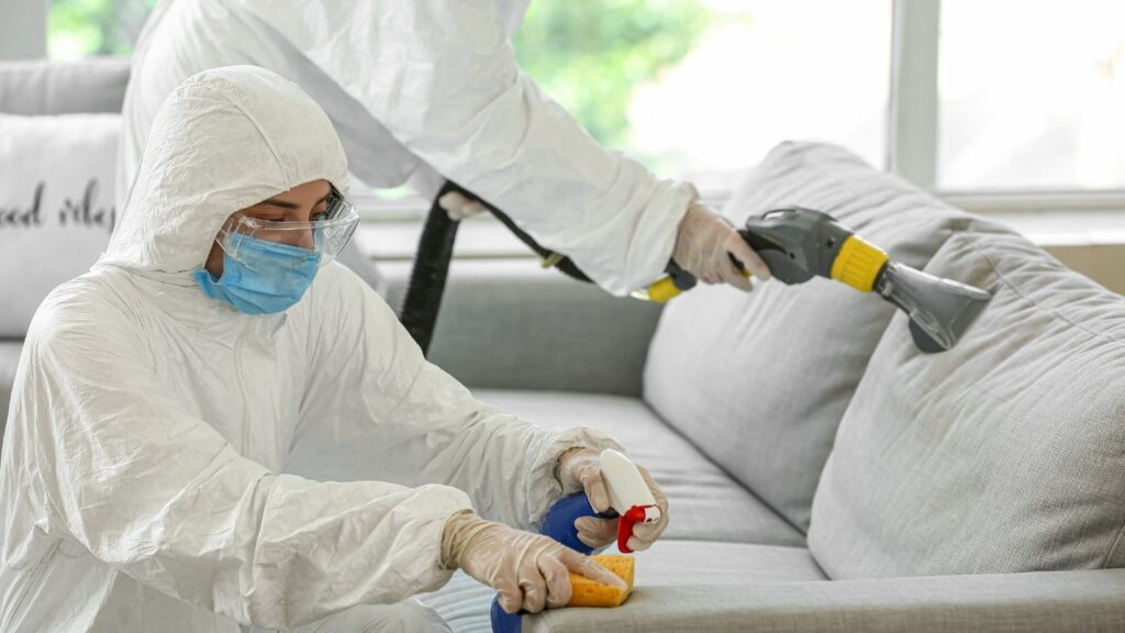 Two restoration experts in hazmat gear clean a couch.