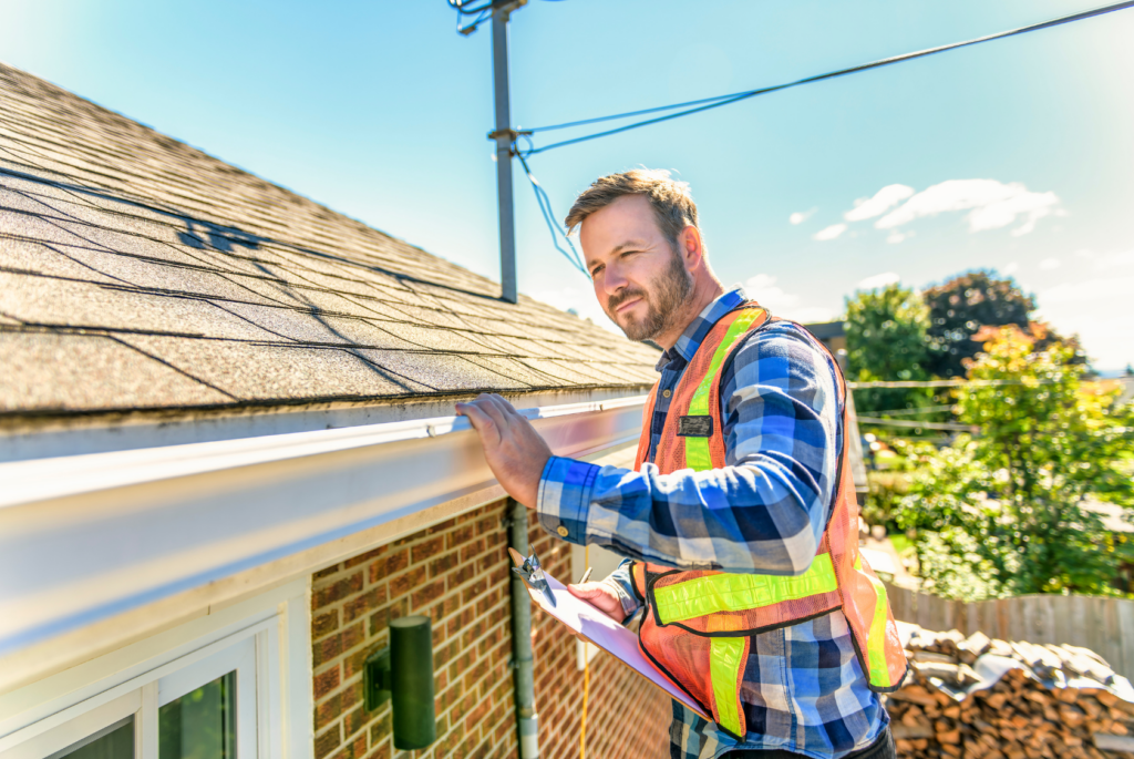 Contractor in a safety vest performs a pre-fire season inspection of roof gutters on a brick home during a sunny day.