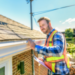 Contractor in a safety vest performs a pre-fire season inspection of roof gutters on a brick home during a sunny day.